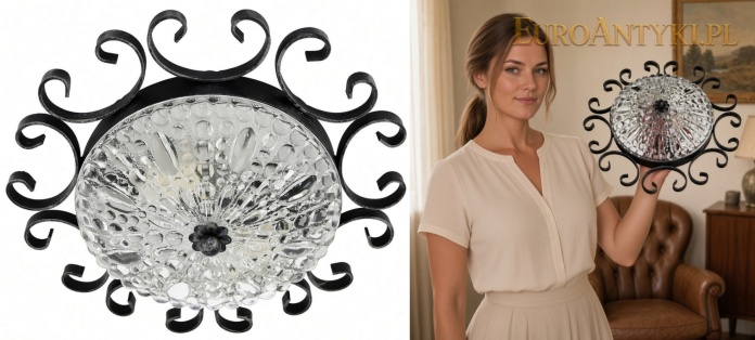 szklany plafon bąbelkowy z czarną metalową oprawą w salonie vintage